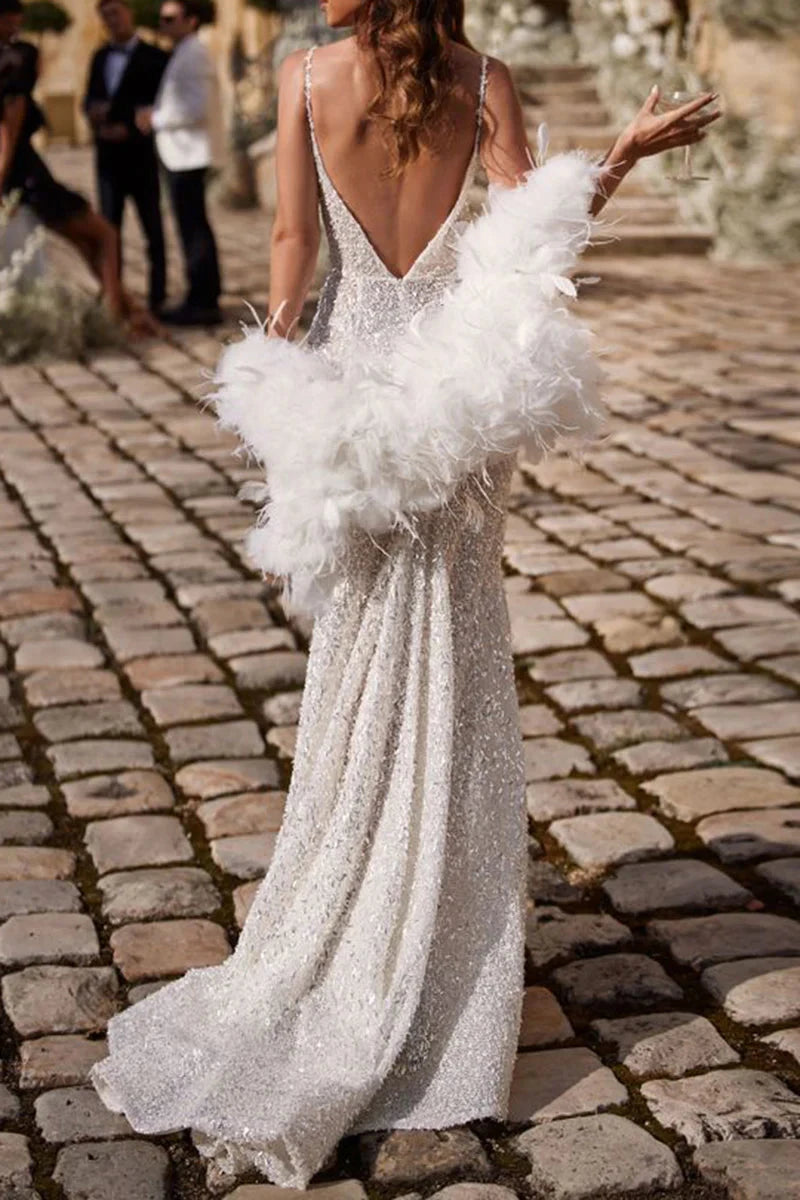 Glamorous Sequin Mermaid Spaghetti-Strap Deep-V Low-Back High-Slit Train Wedding Dress by YiHuiw