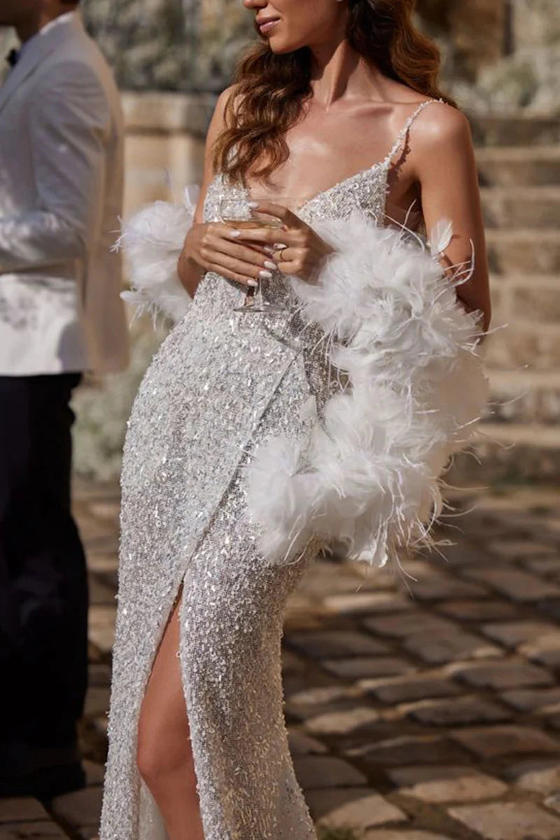 Glamorous Sequin Mermaid Spaghetti-Strap Deep-V Low-Back High-Slit Train Wedding Dress by YiHuiw