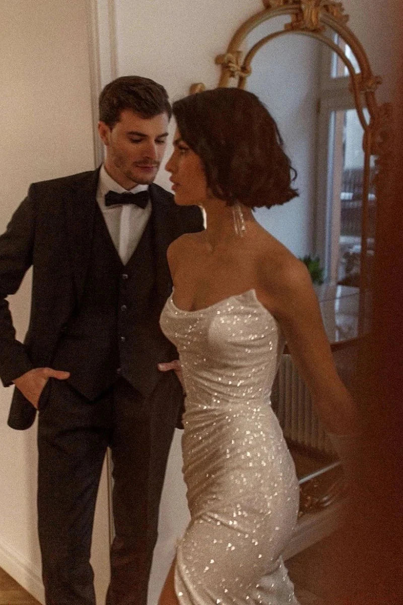 Glamorous Sequin Mermaid Strapless Square-Neck Lace-Up-Back High-Slit Wedding Dress by YiHuiw
