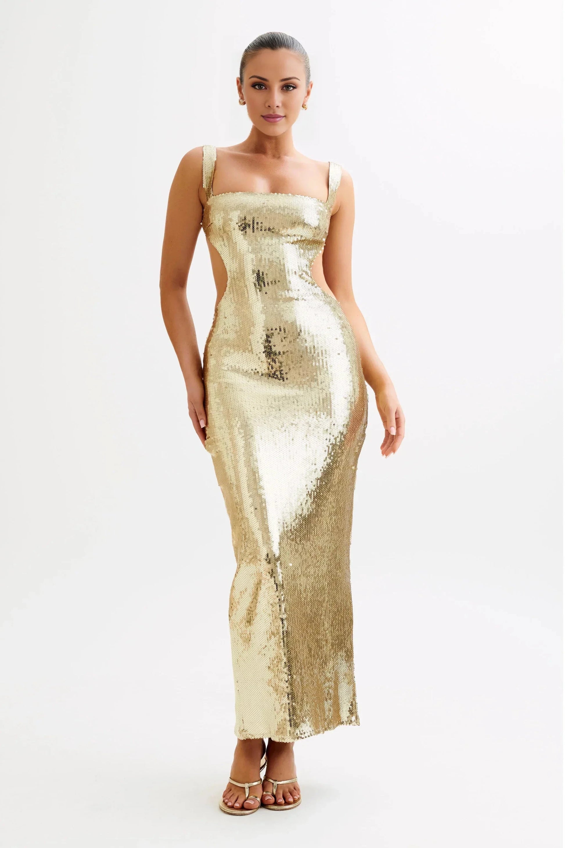 Glamorous Sequin Square-Neck Sleeveless Cut-Out Back Floor-Length Evening Dress by YiHuiw