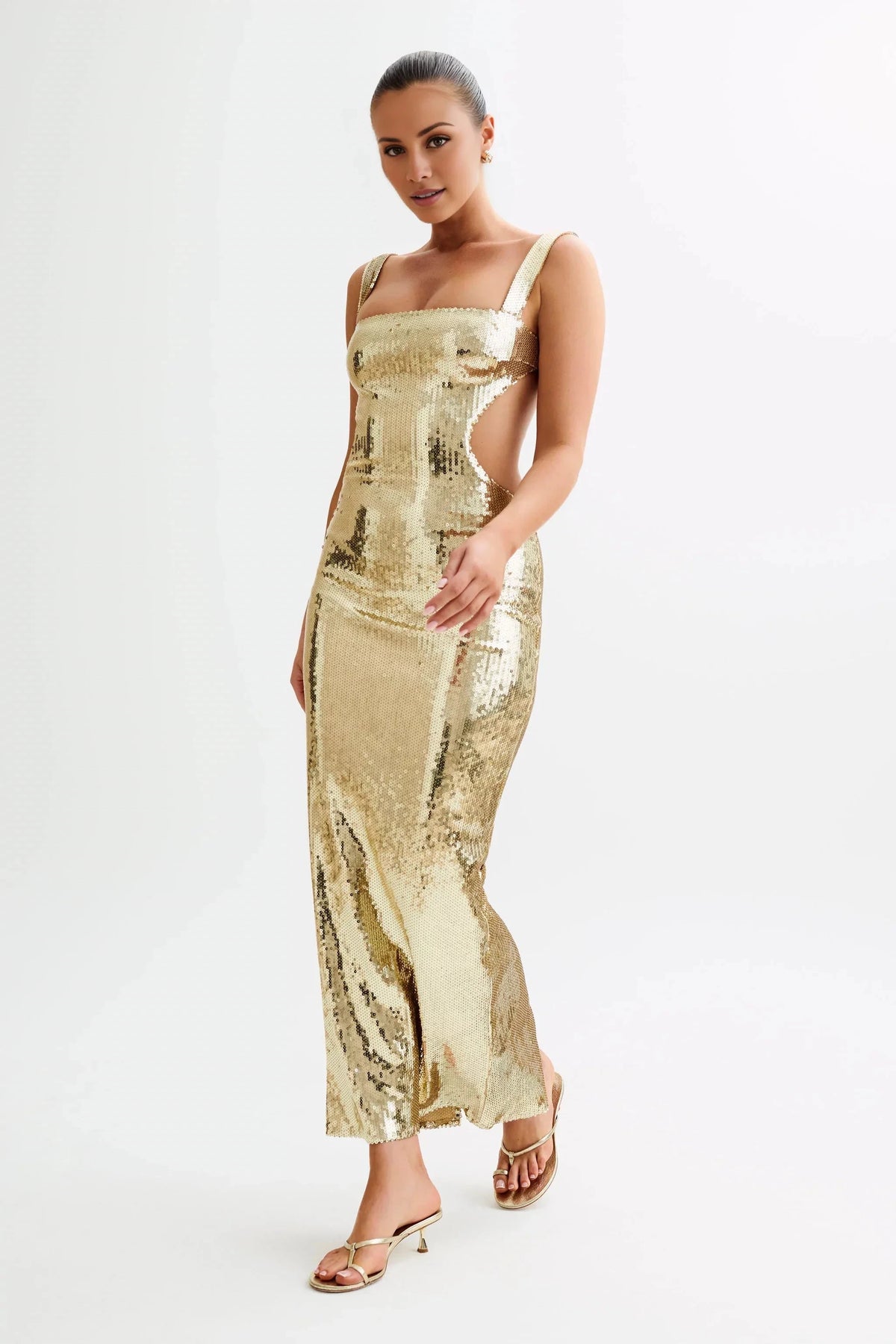 Glamorous Sequin Square-Neck Sleeveless Cut-Out Back Floor-Length Evening Dress by YiHuiw