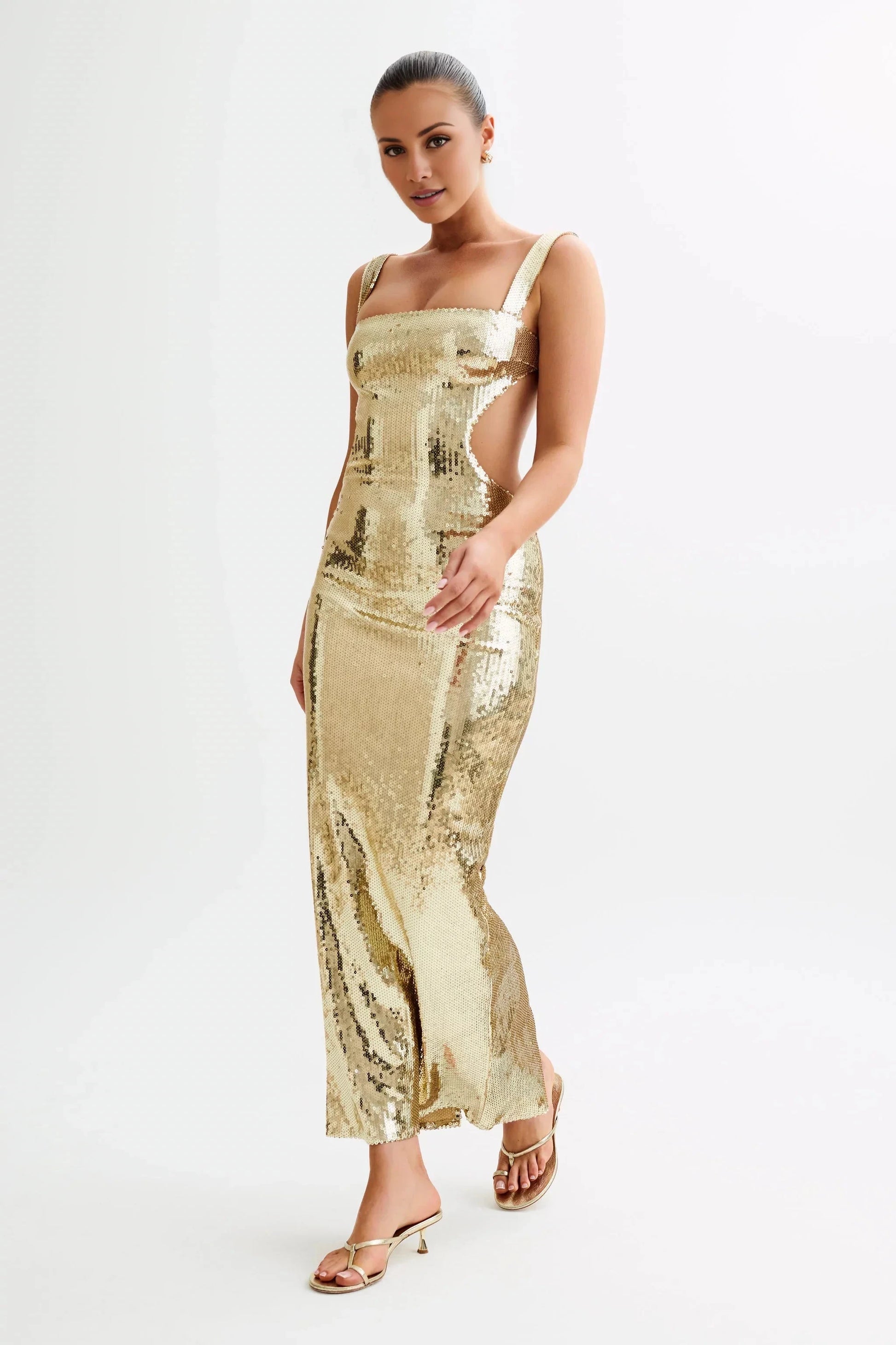 Glamorous Sequin Square-Neck Sleeveless Cut-Out Back Floor-Length Evening Dress by YiHuiw