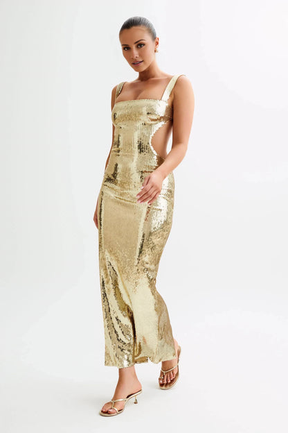 Glamorous Sequin Square-Neck Sleeveless Cut-Out Back Floor-Length Evening Dress by YiHuiw