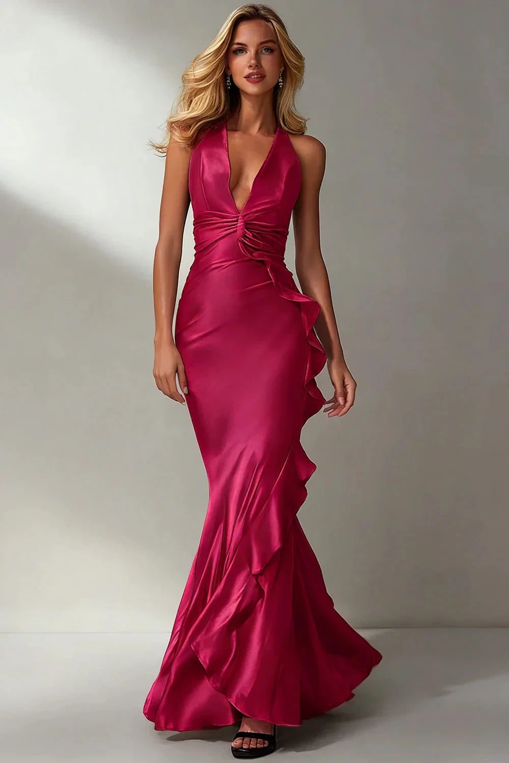 Glamorous Sexy Mermaid Halter Deep V Neck Spaghetti Strap Ruched Waist Ruffled Side Slit Floor-Length Satin Evening Dress by LANQI DRESS