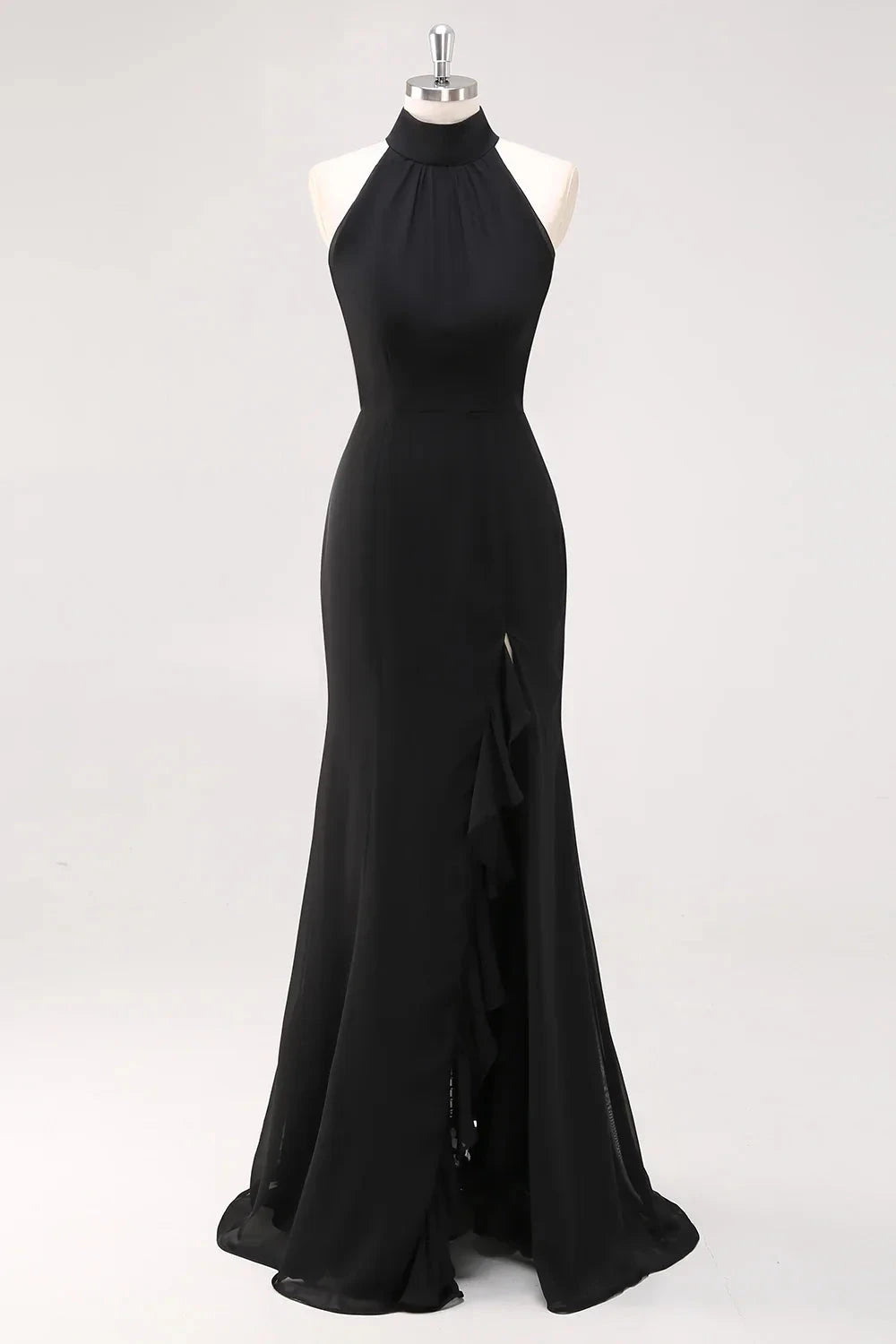 Glamorous Sexy Mermaid Halter High Neck Sleeveless Open Back Ruffled Side Slit Floor-Length Chiffon Evening Dress by LANQI DRESS