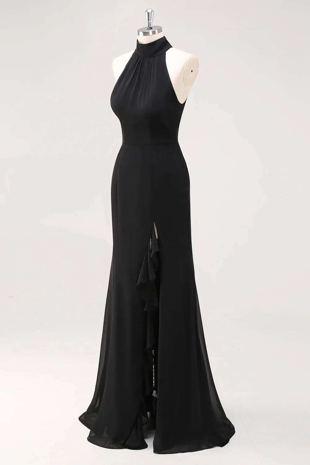 Glamorous Sexy Mermaid Halter High Neck Sleeveless Open Back Ruffled Side Slit Floor-Length Chiffon Evening Dress by LANQI DRESS