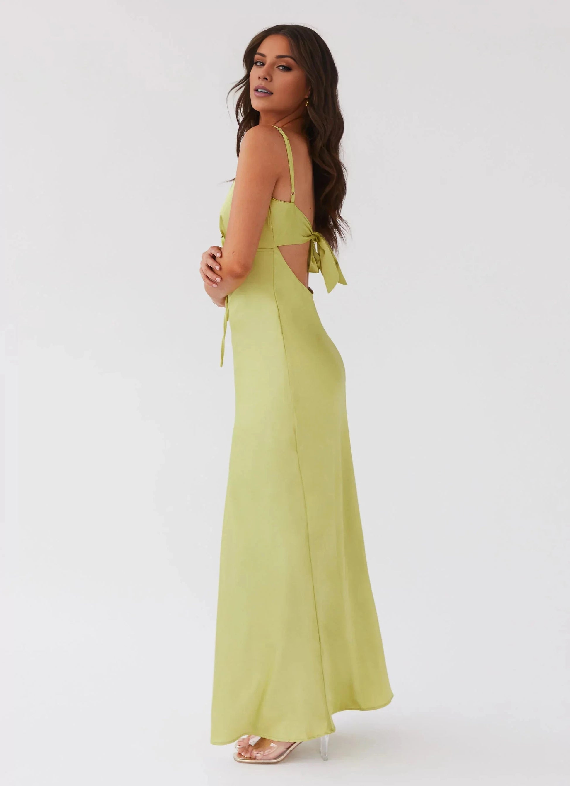 Glamorous Sheath V Neck Spaghetti-Strap Sleeveless Tie-Front Open-Back Floor-Length Prom Dress by YiHuiw