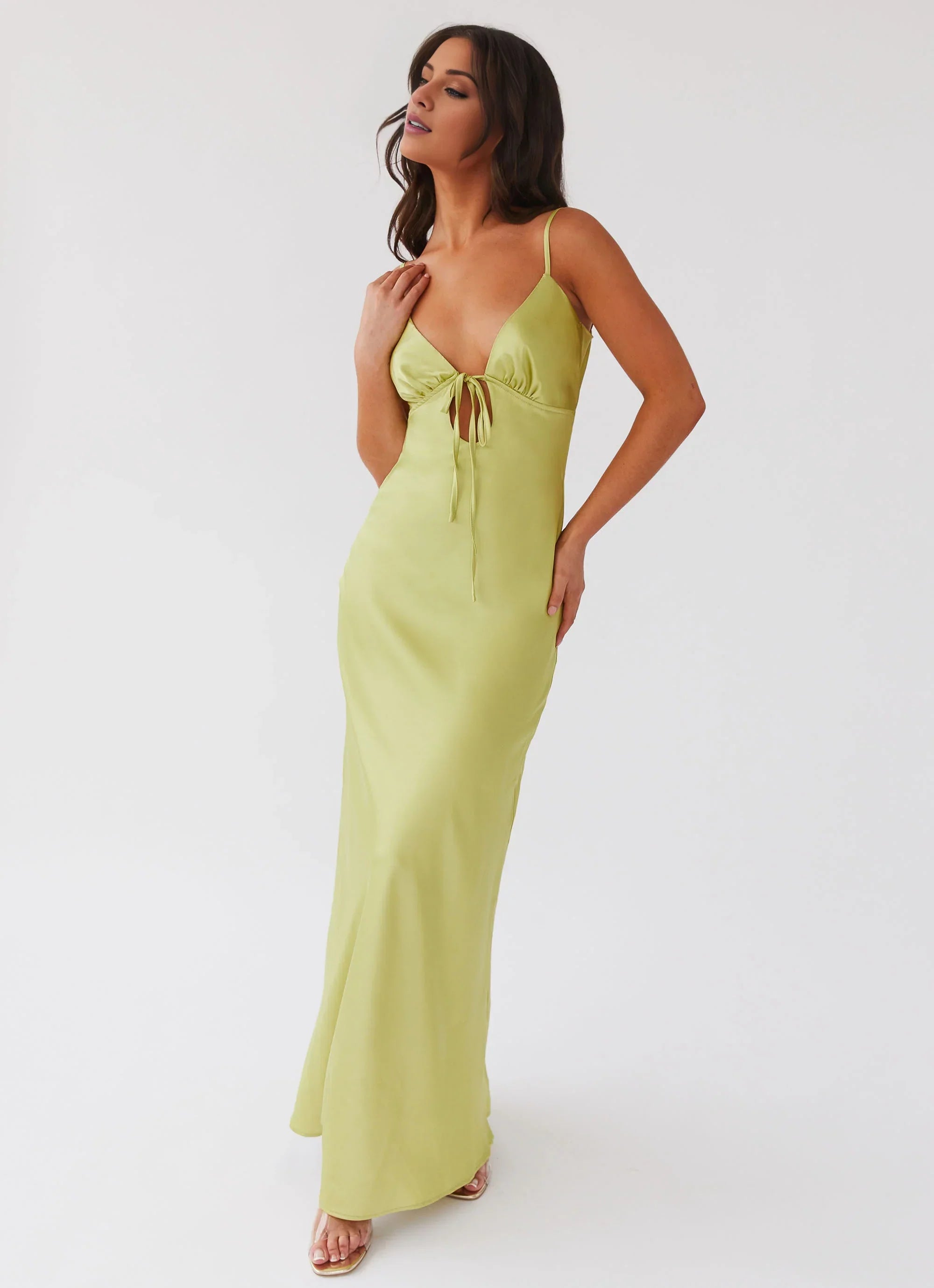 Glamorous Sheath V Neck Spaghetti-Strap Sleeveless Tie-Front Open-Back Floor-Length Prom Dress