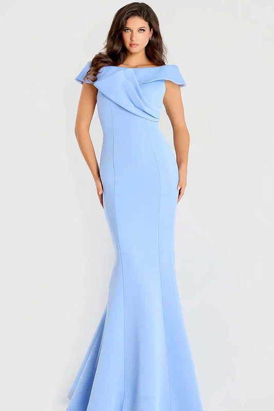 Glamorous Sky Blue Evening Dress with Off-the-Shoulder Neck, Draped Detail and Mermaid Silhouette