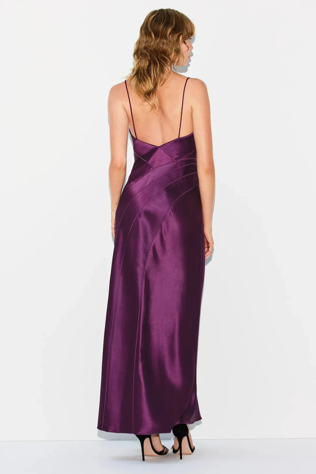 Glamorous Solid Satin Column Maxi Square Neck Draped Cowl Spaghetti Strap Curved Seam Open Back Invisible Zipper Floor-Length Evening Dresses by LANQI DRESS