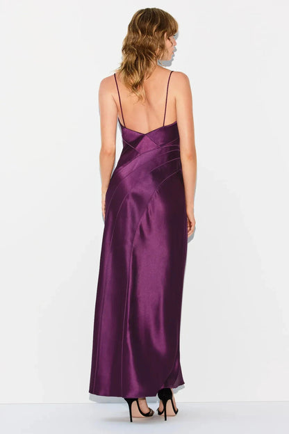 Glamorous Solid Satin Column Maxi Square Neck Draped Cowl Spaghetti Strap Curved Seam Open Back Invisible Zipper Floor-Length Evening Dresses by LANQI DRESS