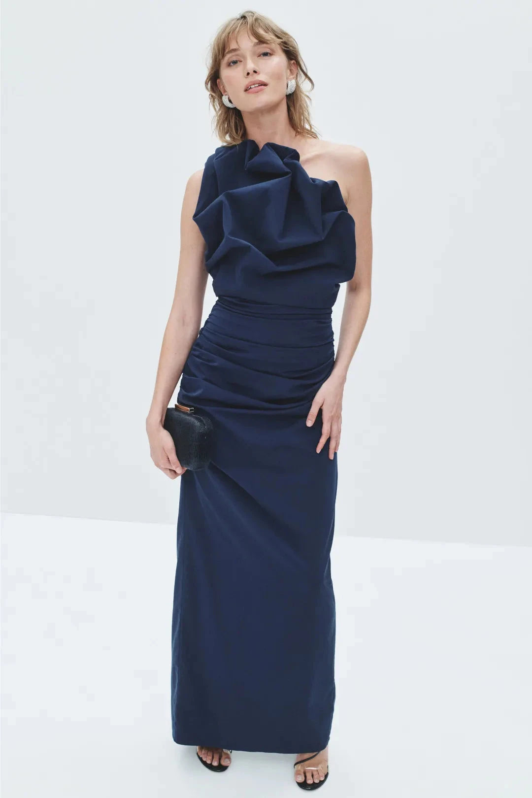 Glamorous Solid Satin Maxi One-Shoulder Ruffle Ruched Evening Dresses by LANQI DRESS