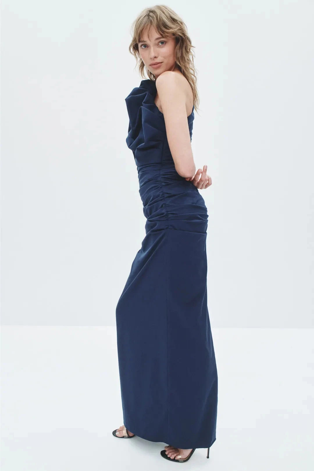 Glamorous Solid Satin Maxi One-Shoulder Ruffle Ruched Evening Dresses by LANQI DRESS