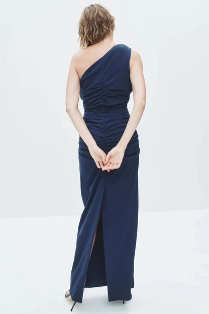 Glamorous Solid Satin Maxi One-Shoulder Ruffle Ruched Evening Dresses by LANQI DRESS
