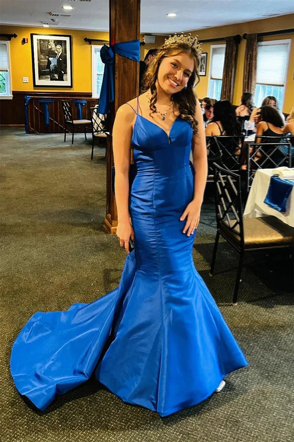 Glamorous Spaghetti Strap Sweetheart Neck Satin Mermaid Prom Dress with Oversized Back Bow & Sweeping Train by JiMiss Dresses