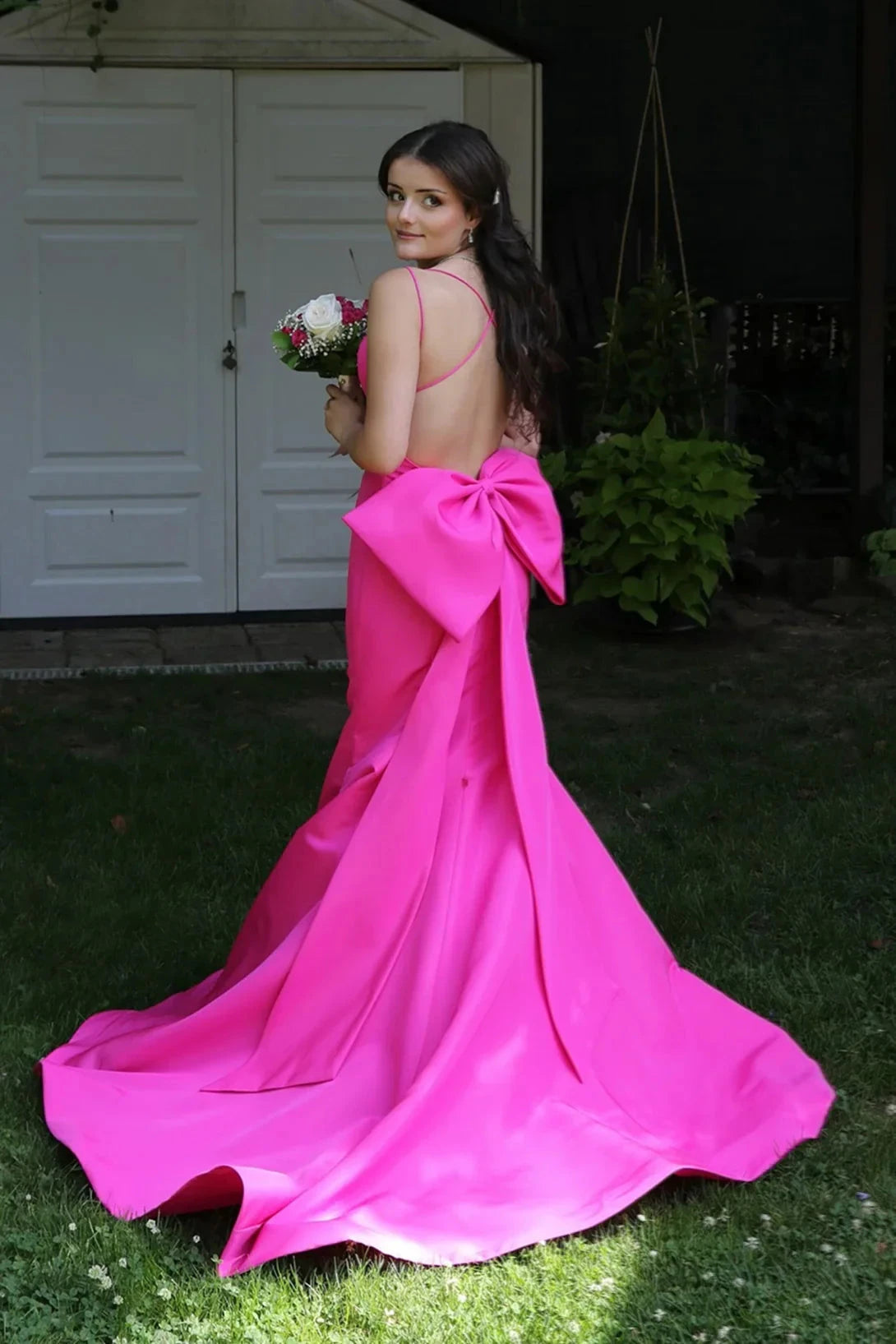 Glamorous Spaghetti Strap Sweetheart Neck Satin Mermaid Prom Dress with Oversized Back Bow & Sweeping Train by JiMiss Dresses