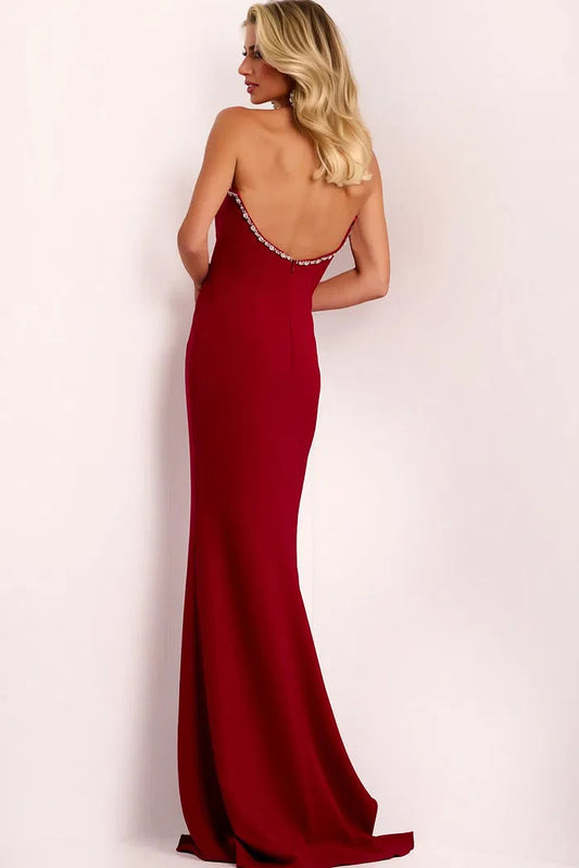 Glamorous Strapless Evening Dresses with Rhinestone Trim Detail, Low Back Design and Form-Fitting Crepe Mermaid Maxi Silhouette Formal Dress