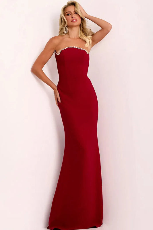 Glamorous Strapless Evening Dresses with Rhinestone Trim Detail, Low Back Design and Form-Fitting Crepe Mermaid Maxi Silhouette Formal Dress