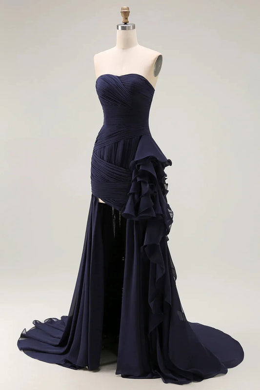 Glamorous Strapless Evening Dress with Ruched Bodice and Cascading Ruffle Slit