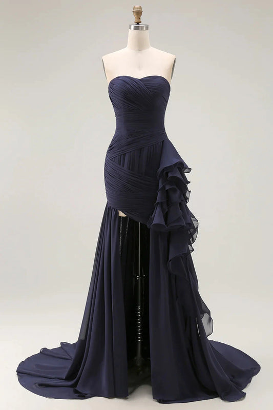 Glamorous Strapless Evening Dress with Ruched Bodice and Cascading Ruffle Slit