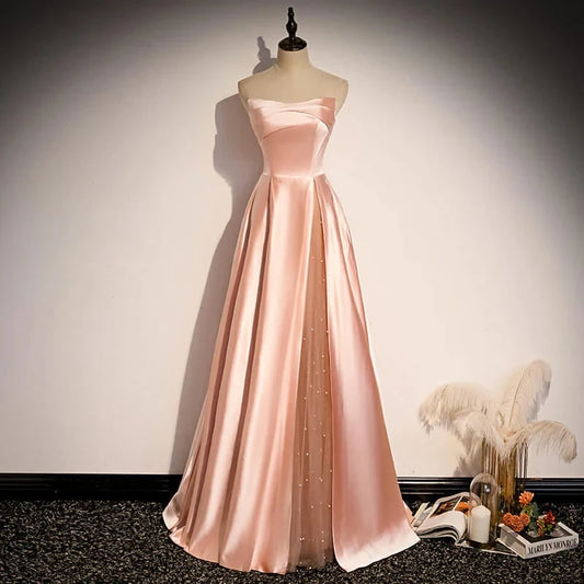 Glamorous Strapless Pink Satin Long Party Dress Formal Prom Dresses simple gentle atmospheric and unique desi Bring summer colors to enhance whiteness by YiHuiw
