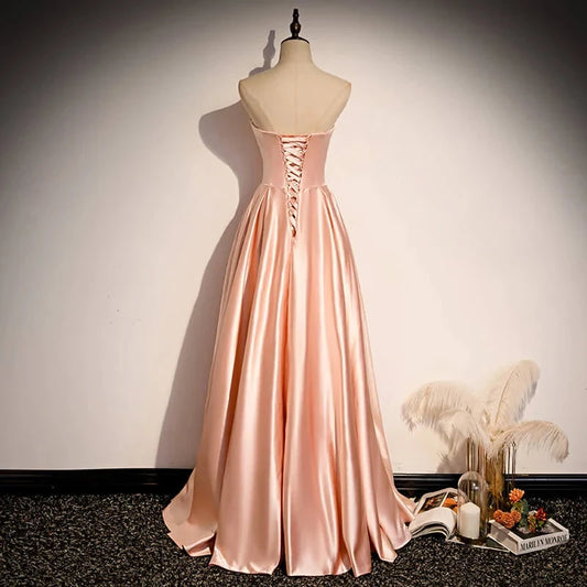 Glamorous Strapless Pink Satin Long Party Dress Formal Prom Dresses simple gentle atmospheric and unique desi Bring summer colors to enhance whiteness by YiHuiw