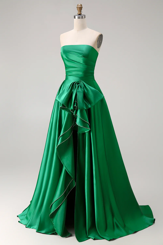 Glamorous Strapless Satin Evening Dress with Oversized Bow, Ruffled High Slit and Floor-Length Train for Formal Events
