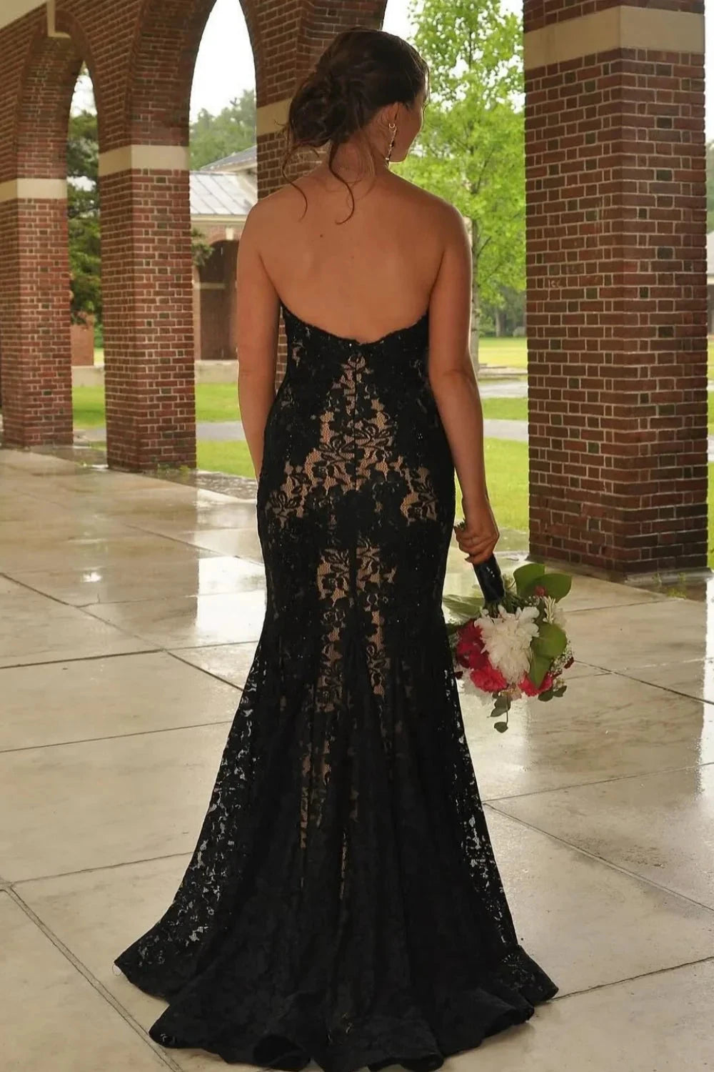 Glamorous Strapless Sweetheart Lace Overlay Mermaid Prom Dress with Open Back & Train by JiMiss Dresses