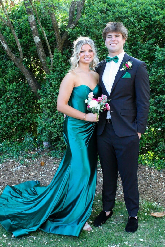 Glamorous Strapless Sweetheart Neck Satin Mermaid Prom Dress with Corset Bodice & High Side Slit by JiMiss Dresses
