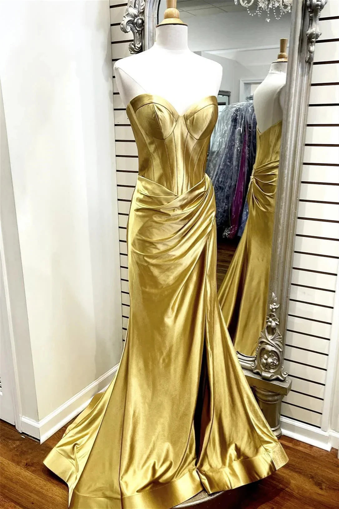 Glamorous Strapless Sweetheart Neck Satin Mermaid Prom Dress with Corset Bodice & High Side Slit by JiMiss Dresses