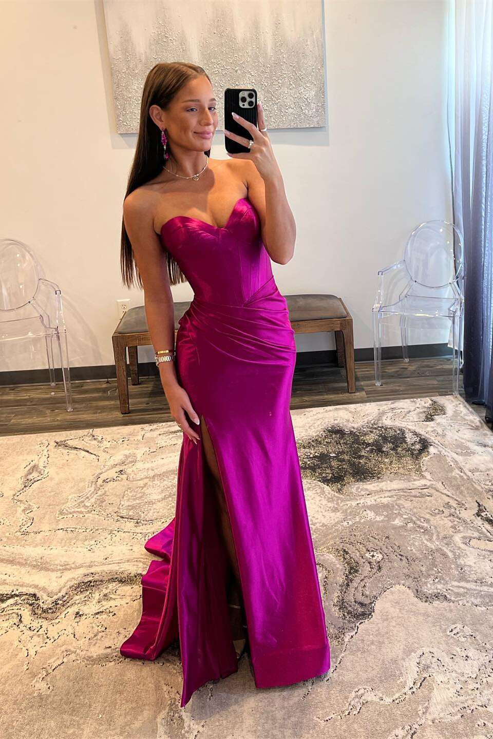 Glamorous Strapless Sweetheart Neck Satin Mermaid Prom Dress with Corset Bodice & High Side Slit by JiMiss Dresses