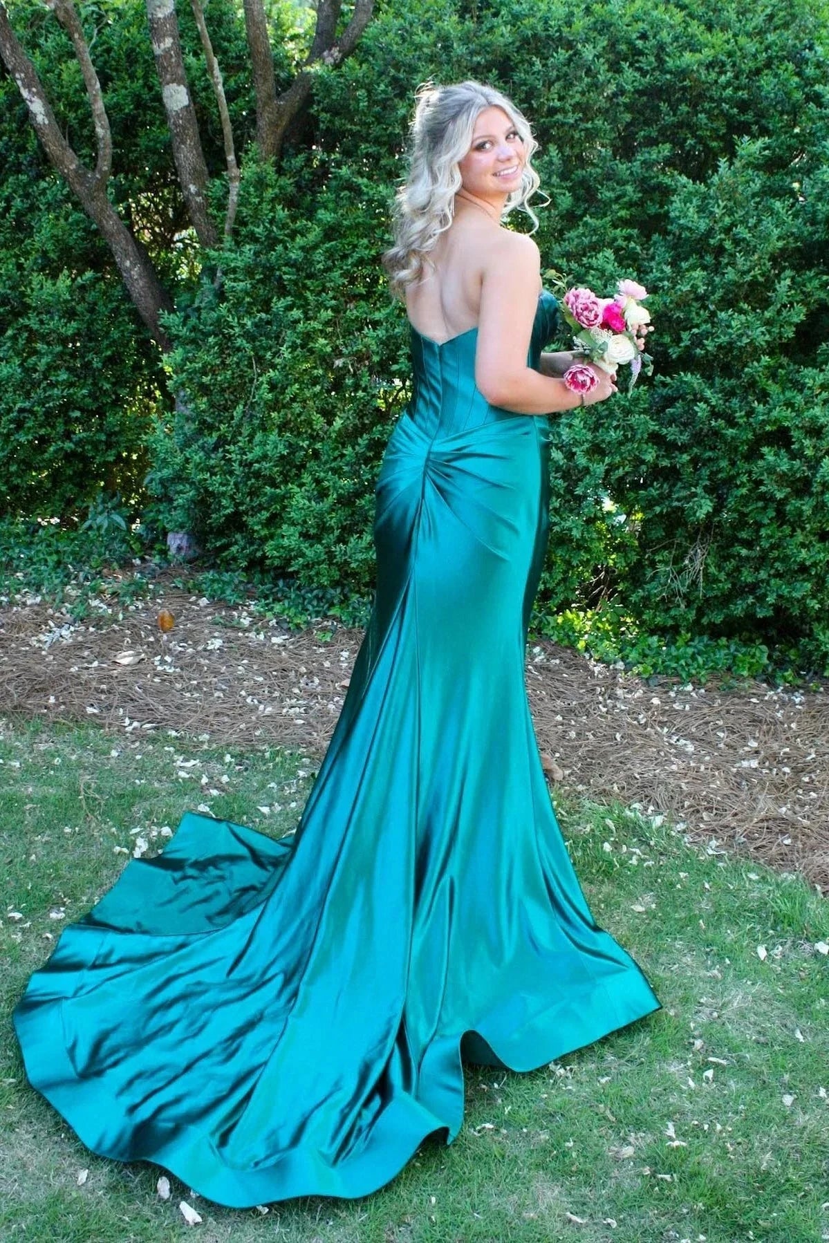 Glamorous Strapless Sweetheart Neck Satin Mermaid Prom Dress with Corset Bodice & High Side Slit by JiMiss Dresses