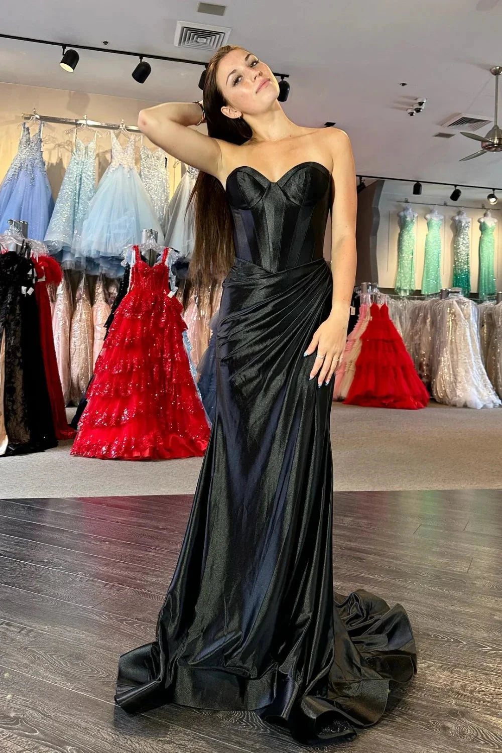 Glamorous Strapless Sweetheart Neck Satin Mermaid Prom Dress with Corset Bodice & High Side Slit by JiMiss Dresses