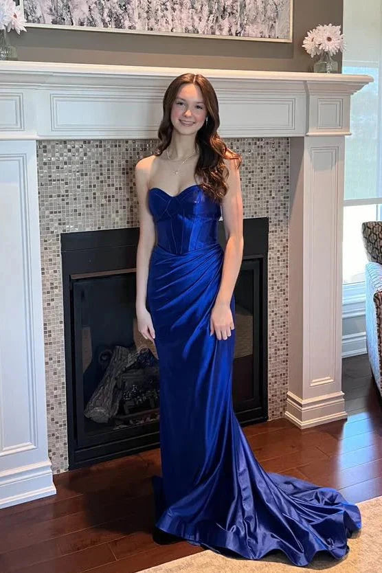 Glamorous Strapless Sweetheart Neck Satin Mermaid Prom Dress with Corset Bodice & High Side Slit by JiMiss Dresses