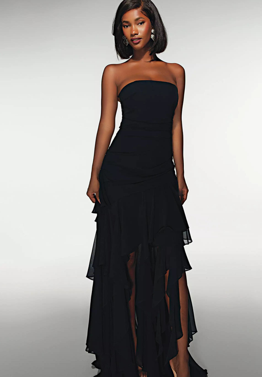 Glamorous Strapless Sweetheart Ruched Bodice Tiered Ruffled Chiffon High Slit Train Prom Dress