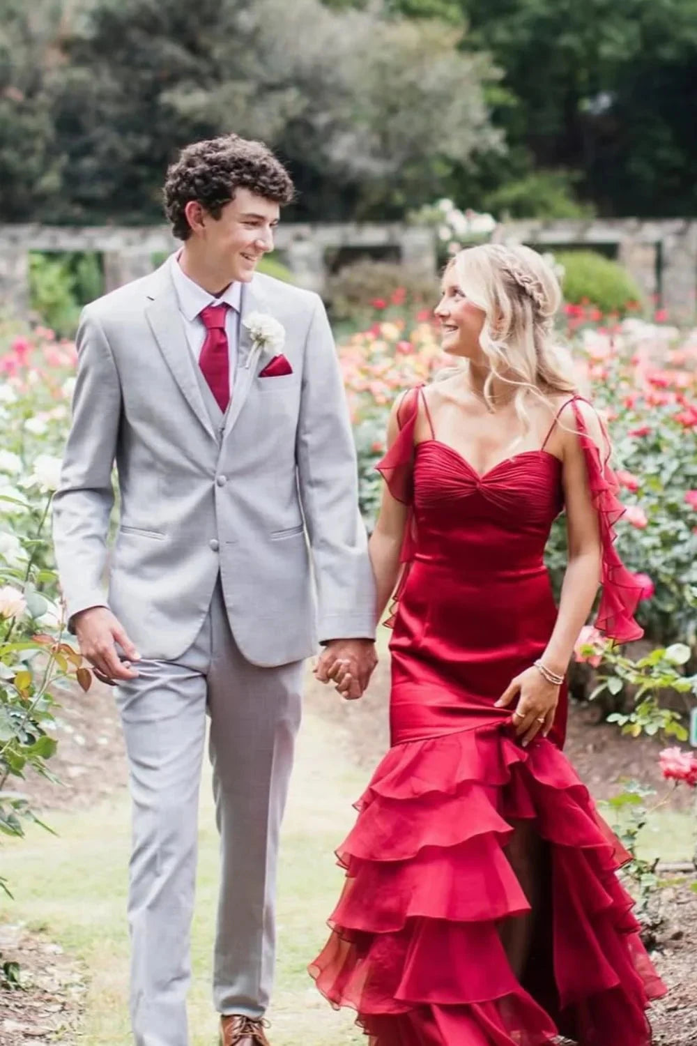 Glamorous Strapless Sweetheart Satin Mermaid Prom Dress with Ruffled Tiered Skirt Open Back & High Slit by JiMiss Dresses