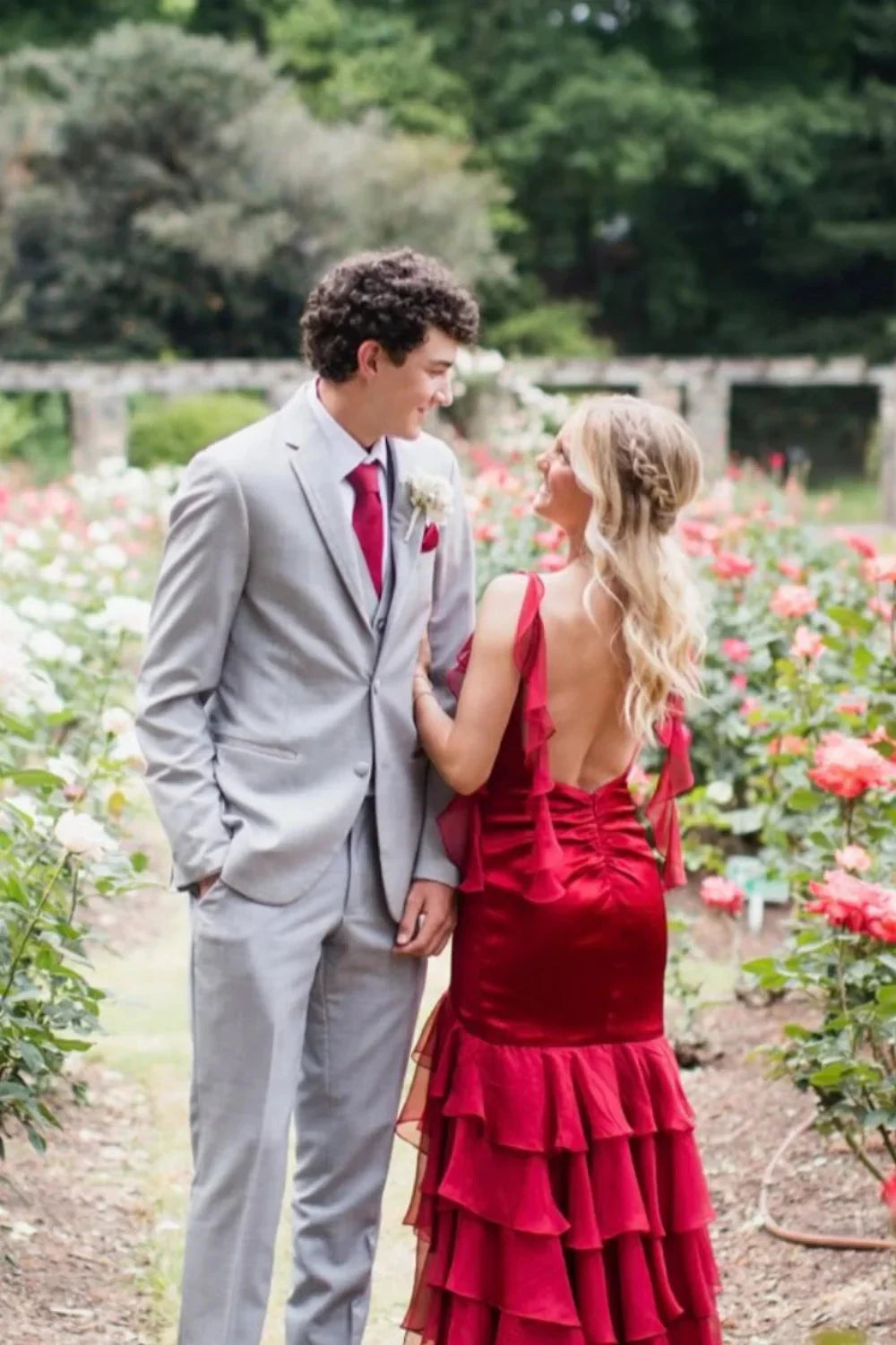 Glamorous Strapless Sweetheart Satin Mermaid Prom Dress with Ruffled Tiered Skirt Open Back & High Slit by JiMiss Dresses