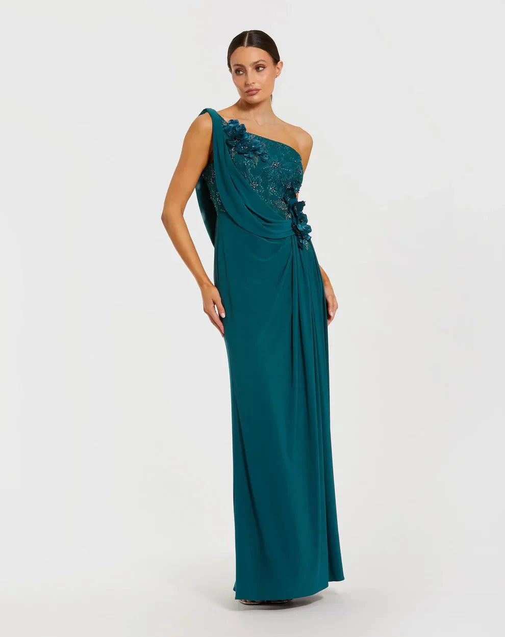Glamorous Teal Column Gown One-Shoulder Sleeveless Zipper Back Floor-Length Evening Dresses by LANQI DRESS