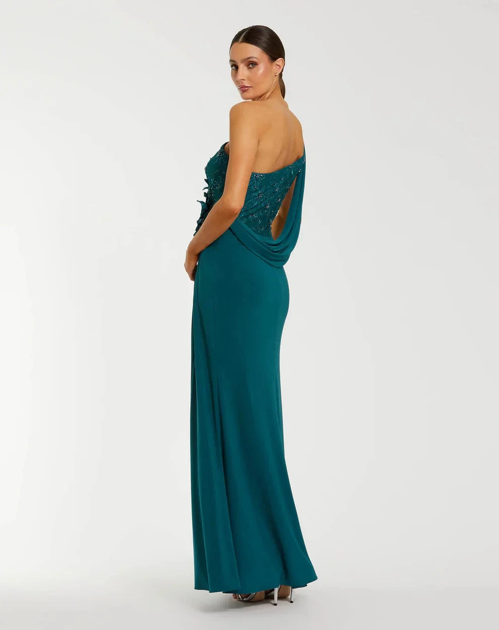 Glamorous Teal Column Gown One-Shoulder Sleeveless Zipper Back Floor-Length Evening Dresses by LANQI DRESS