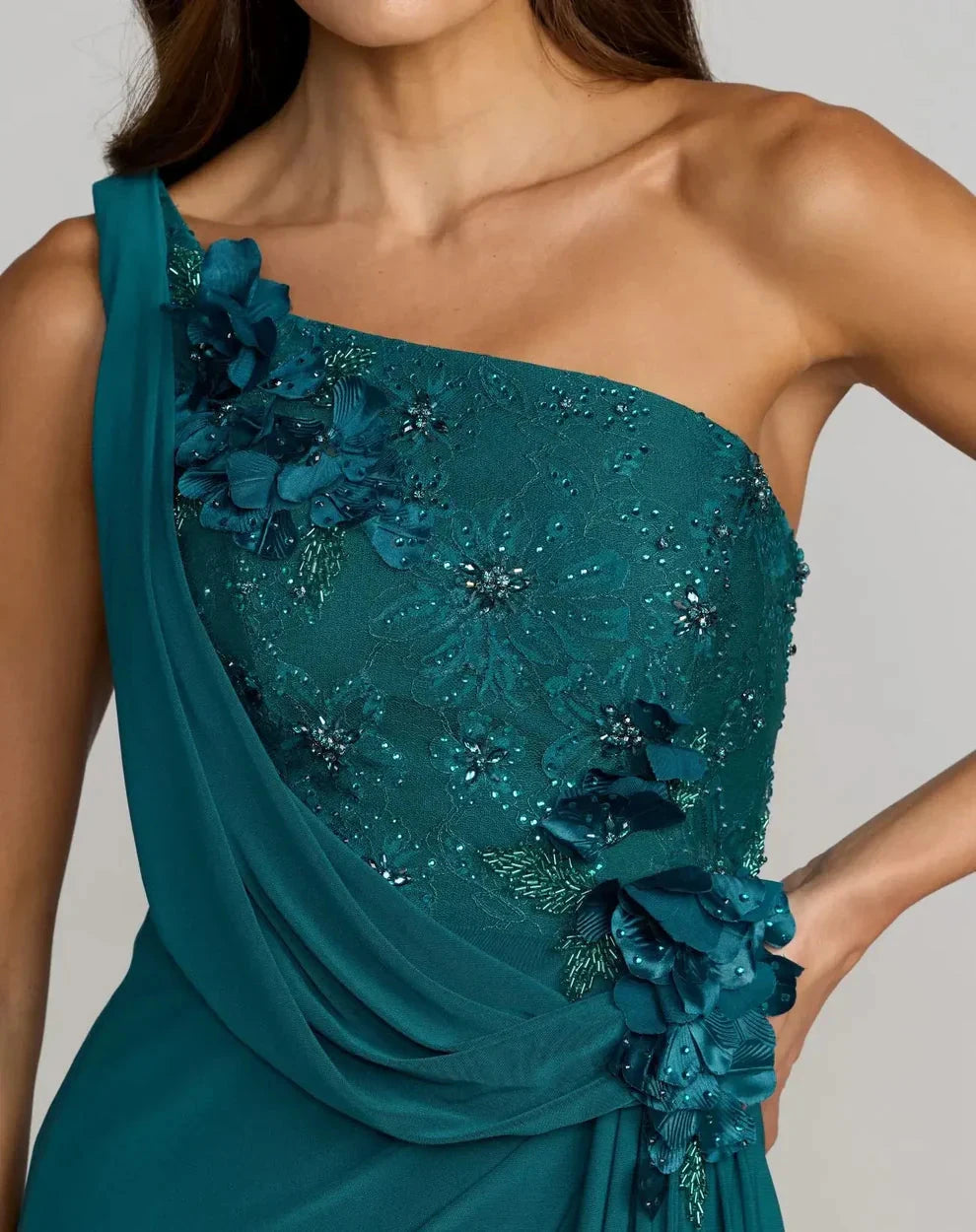 Glamorous Teal Column Gown One-Shoulder Sleeveless Zipper Back Floor-Length Evening Dresses by LANQI DRESS