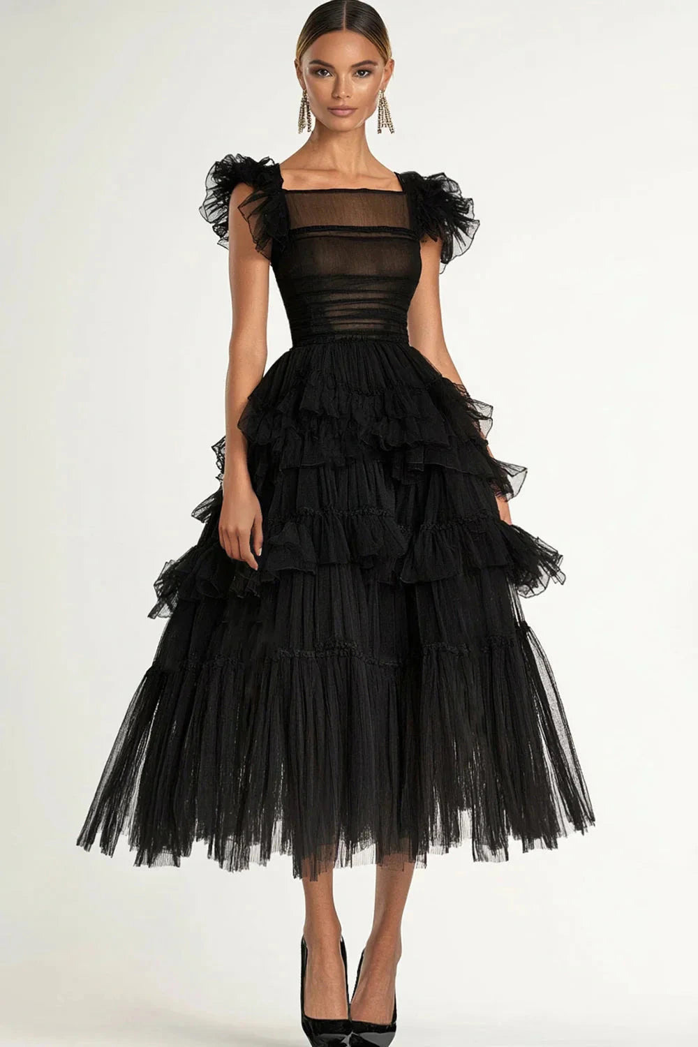 Glamorous Tulle A-Line Square Neck Ruffled Sleeve Zipper Back Midi Evening Dress by LANQI DRESS