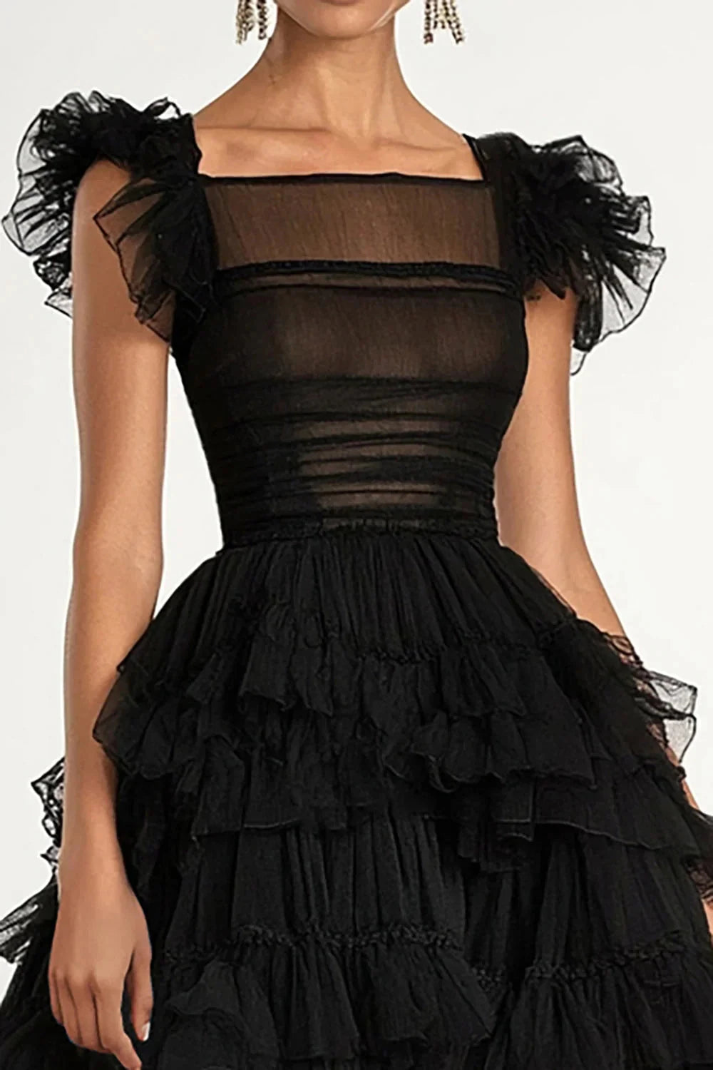 Glamorous Tulle A-Line Square Neck Ruffled Sleeve Zipper Back Midi Evening Dress by LANQI DRESS