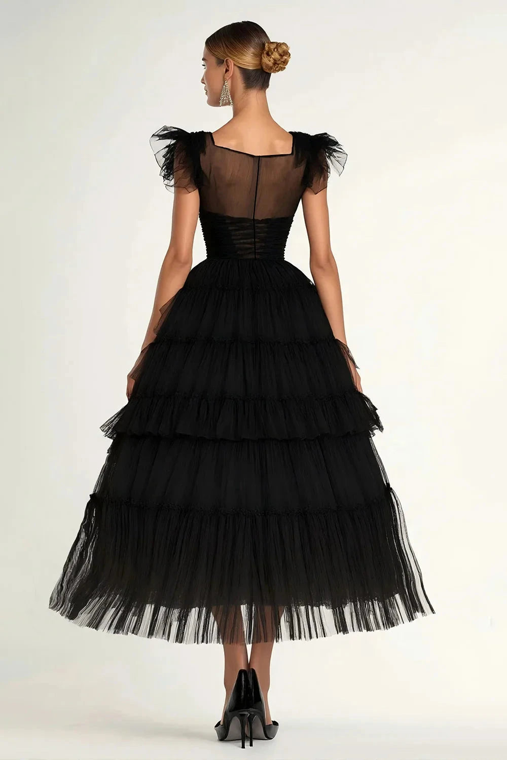 Glamorous Tulle A-Line Square Neck Ruffled Sleeve Zipper Back Midi Evening Dress by LANQI DRESS