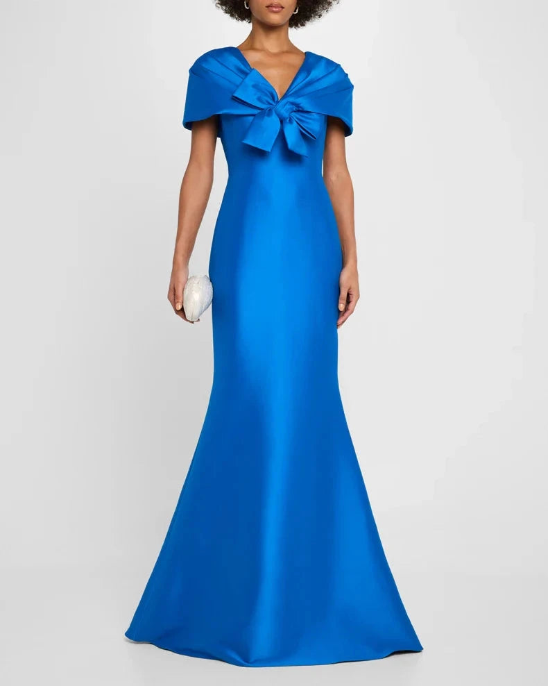 Glamorous Vibrant Sapphire Blue Satin Mermaid Silhouette V-Neck Bow Detail Short Cape Sleeves Floor-Length Evening Dress by LANQI DRESS
