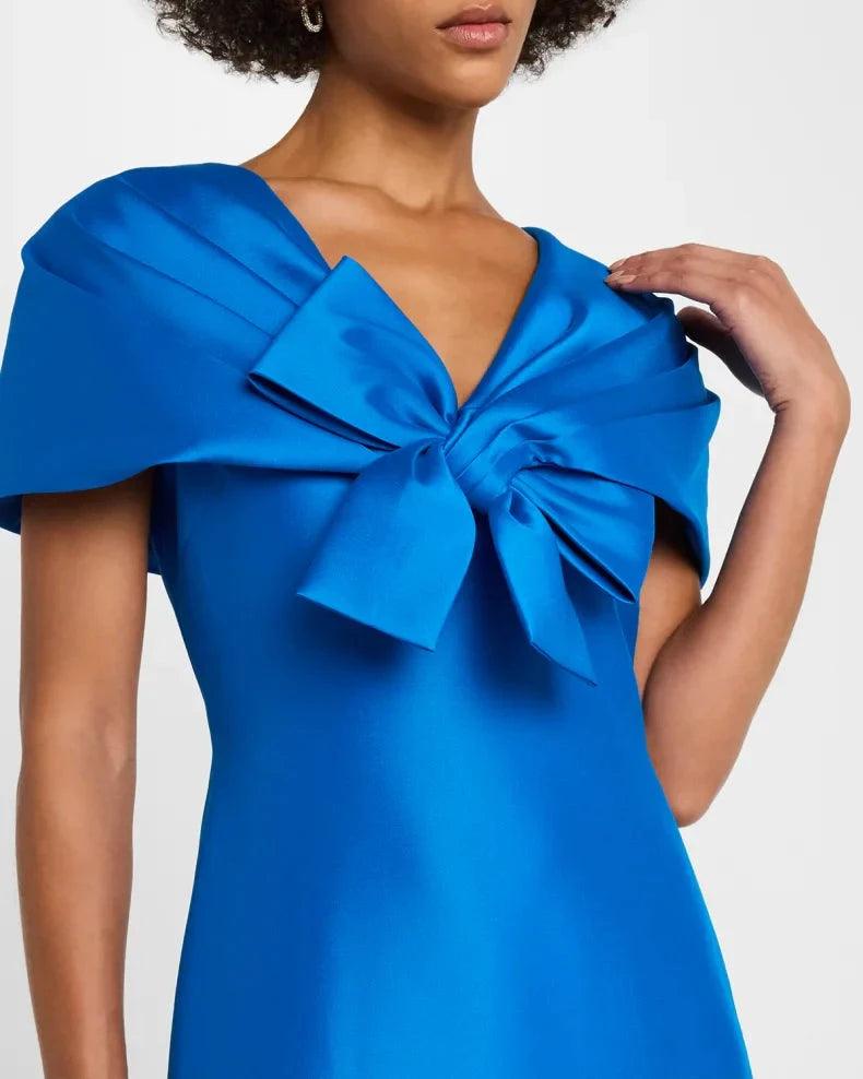 Glamorous Vibrant Sapphire Blue Satin Mermaid Silhouette V-Neck Bow Detail Short Cape Sleeves Floor-Length Evening Dress by LANQI DRESS