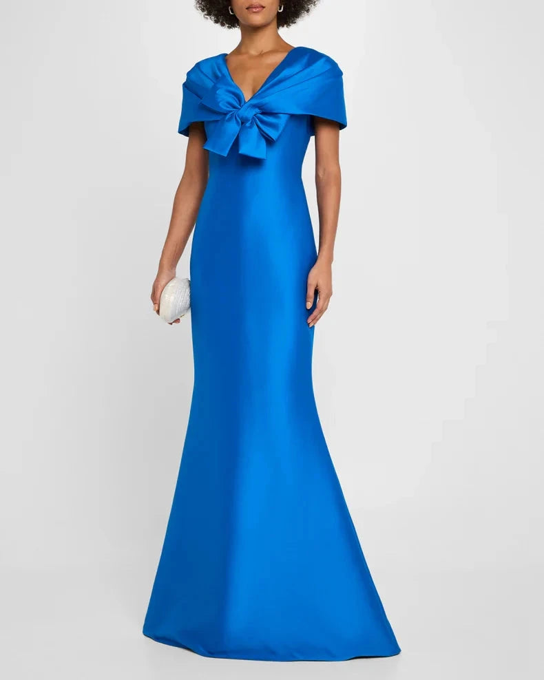 Glamorous Vibrant Sapphire Blue Satin Mermaid Silhouette V-Neck Bow Detail Short Cape Sleeves Floor-Length Evening Dress by LANQI DRESS