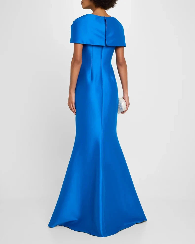Glamorous Vibrant Sapphire Blue Satin Mermaid Silhouette V-Neck Bow Detail Short Cape Sleeves Floor-Length Evening Dress by LANQI DRESS