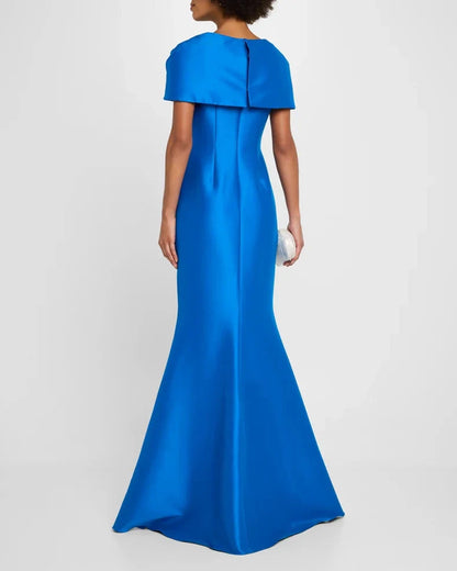 Glamorous Vibrant Sapphire Blue Satin Mermaid Silhouette V-Neck Bow Detail Short Cape Sleeves Floor-Length Evening Dress by LANQI DRESS