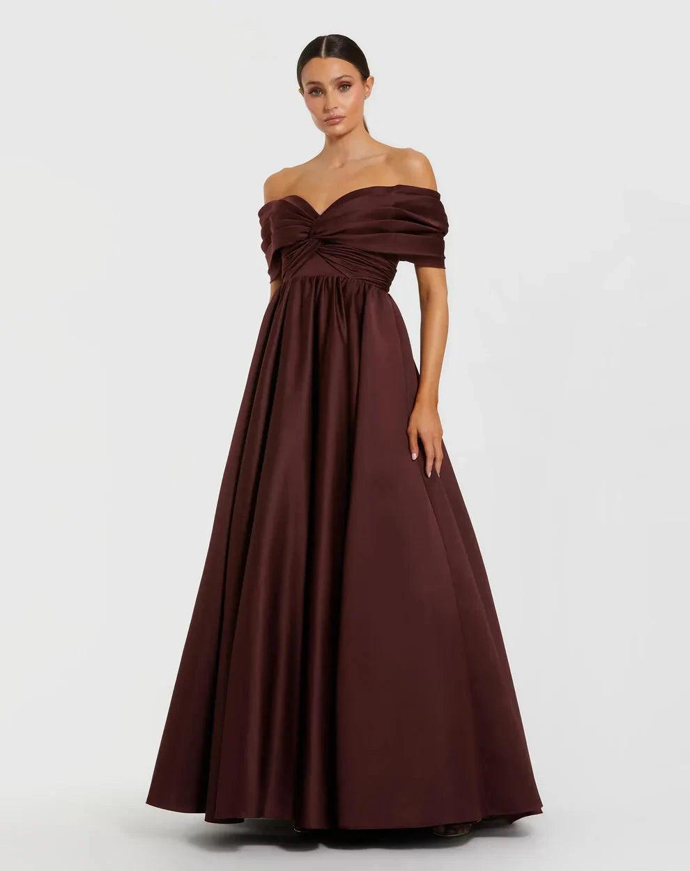 Glamorous Voluminous Off-The-Shoulder Short Sleeve Open Back Satin Maxi Evening Dress by LANQI DRESS