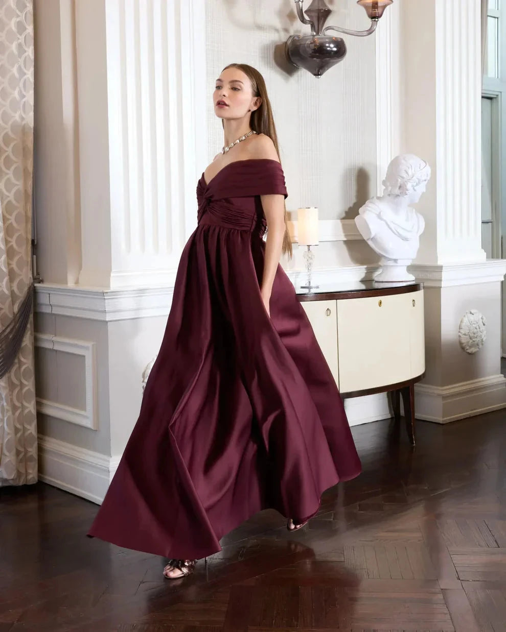 Glamorous Voluminous Off-The-Shoulder Short Sleeve Open Back Satin Maxi Evening Dress by LANQI DRESS